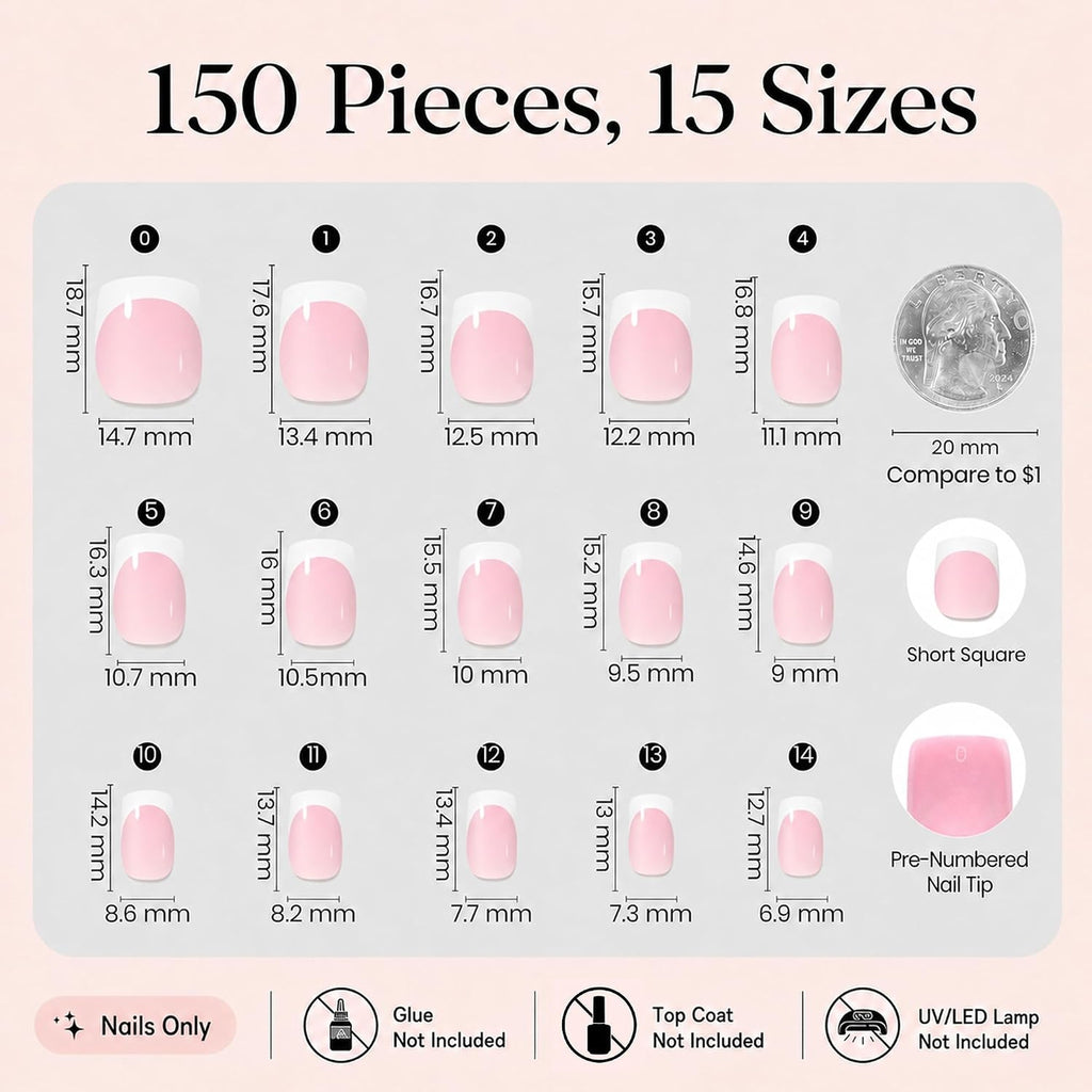 French Tips Press On Nails: 150 Pcs Pink Short Square Press On Nails Fake Nail Tips