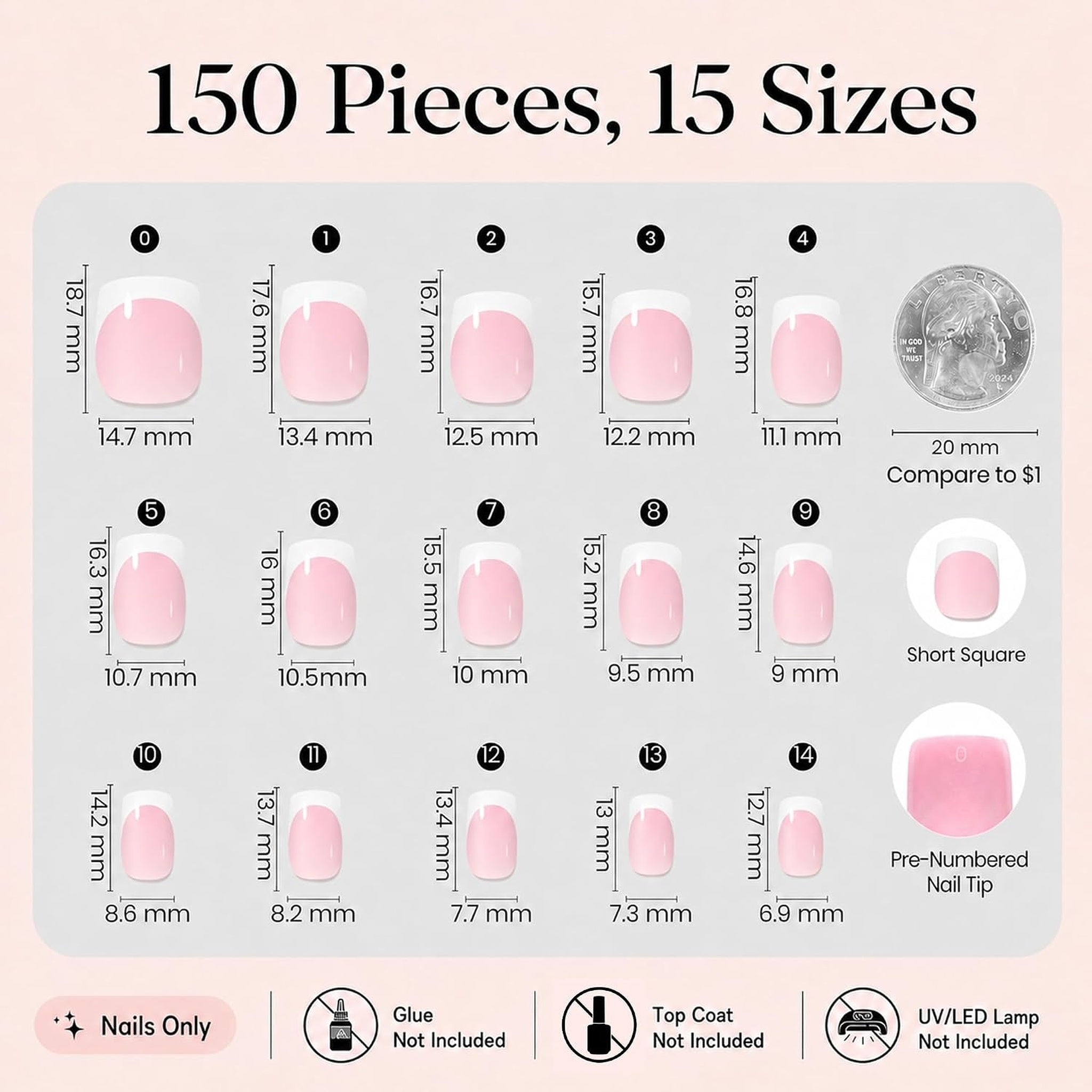 French Tips Press On Nails: 150 Pcs Pink Short Square Press On Nails Fake Nail Tips