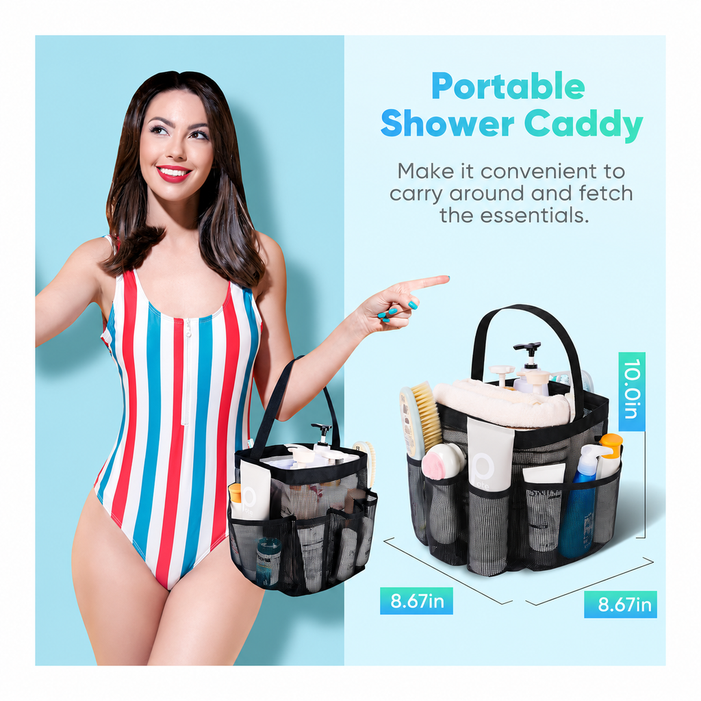 Mesh Shower Caddy Portable for College Dorm Room Essentials, Shower Caddy Dorm with 9-Pocket