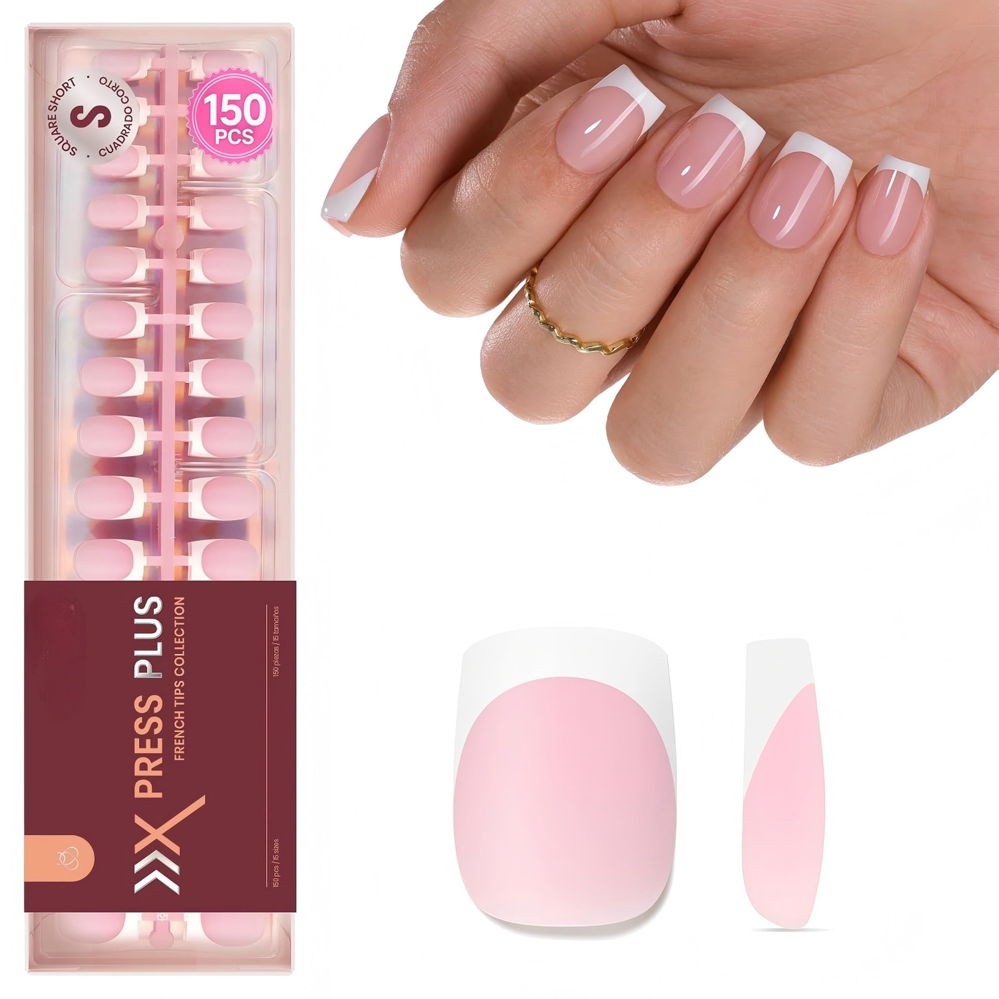 French Tips Press On Nails: 150 Pcs Pink Short Square Press On Nails Fake Nail Tips