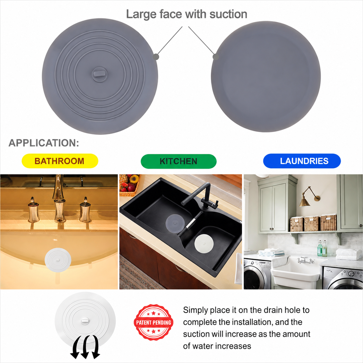 Tub Stopper 2 Pack, 6 inches Large Silicone Drain Plug Hair Stopper Flat Suction Cover