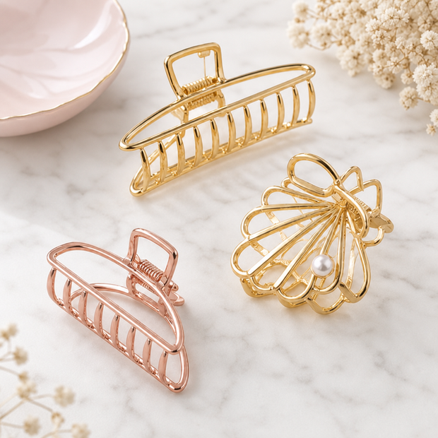 DottiGlow Mixed Metal Open-Frame Hair Claw Clip Set 3p