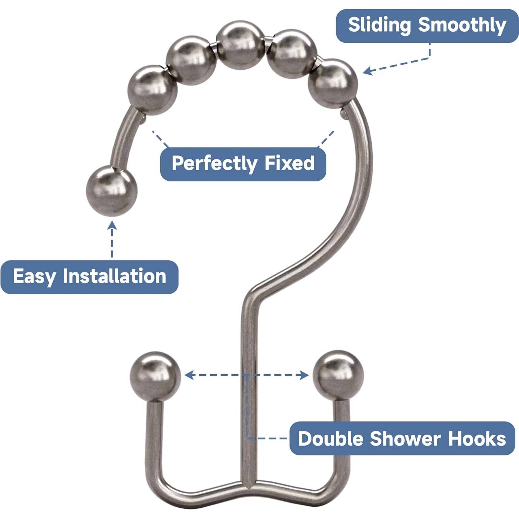 Shower Curtain Hooks Rings, Rust Resistant Metal Double Glide Shower Hooks Rings